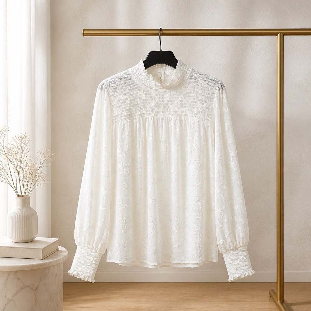 Nurture by Westbound Women's White Floral Textured Mock Neck Long Sleeve Blouse